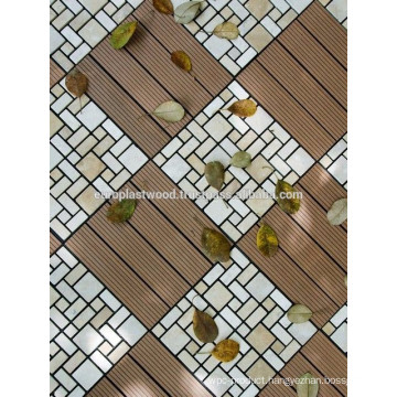 WPC tile decking are made from recycled hard wood fibres and recycled polyethylene, bonding agent, additives and tint